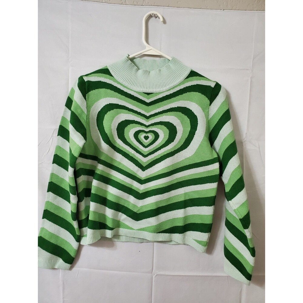 Zaful Green Concentric Heart Knit Mock Neck Sweater Y2K Retro Size 8 Long Sleeve